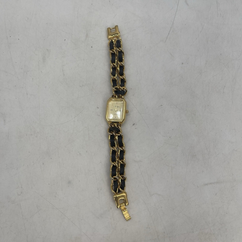 Saint Laurent Womens Watch 18mm Gold Tone Chain Black Leather Untested